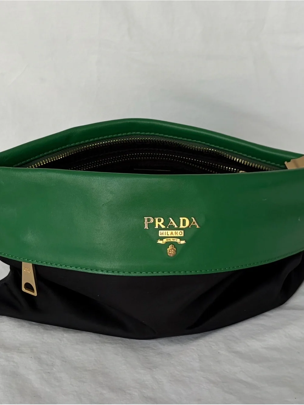 Prada Green and Black Fold-Over Men's Clutch with Gold Logo